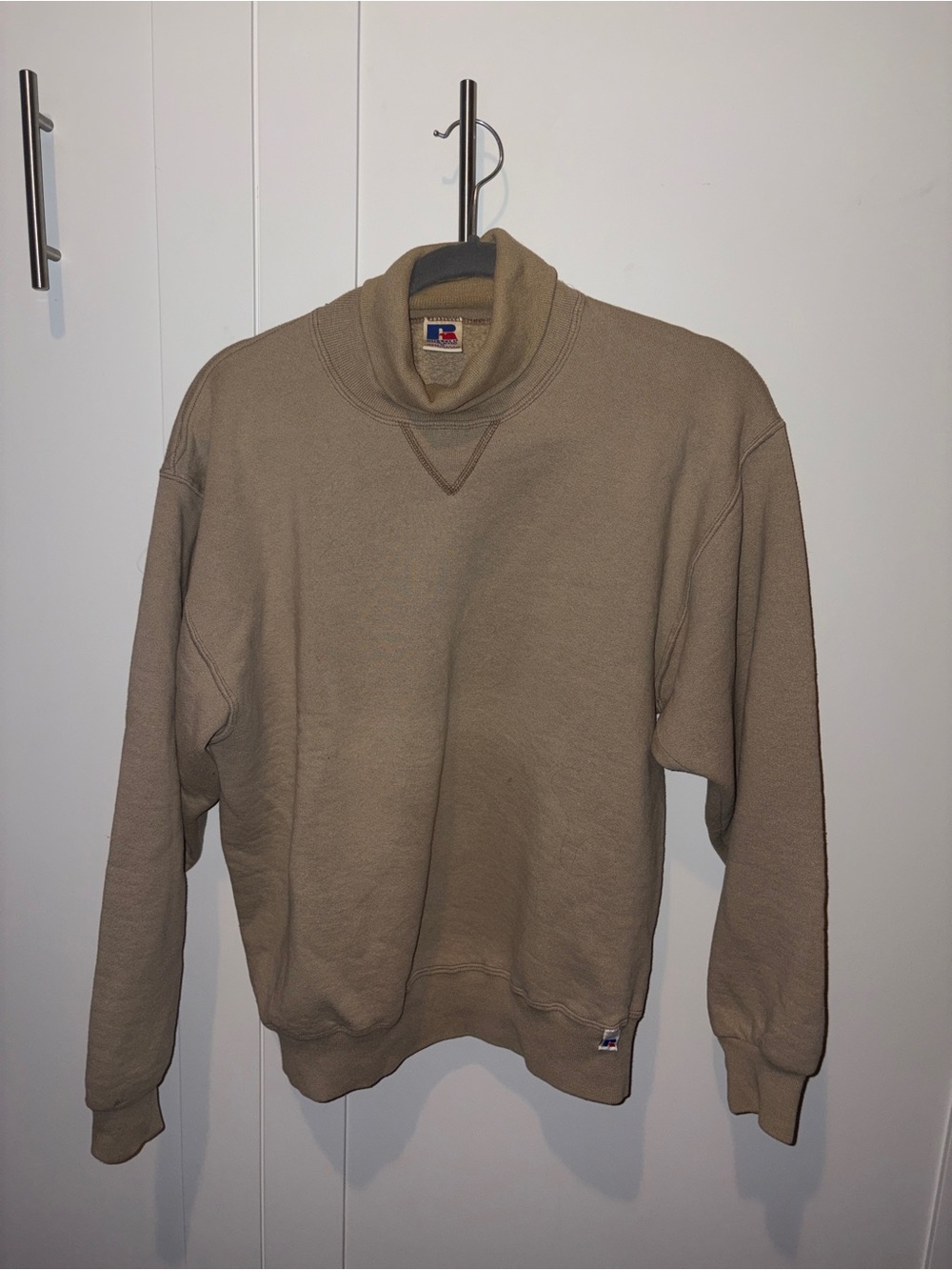 Vintage Russell Athletic Men's Tan Funnel Neck Pullover Sweater